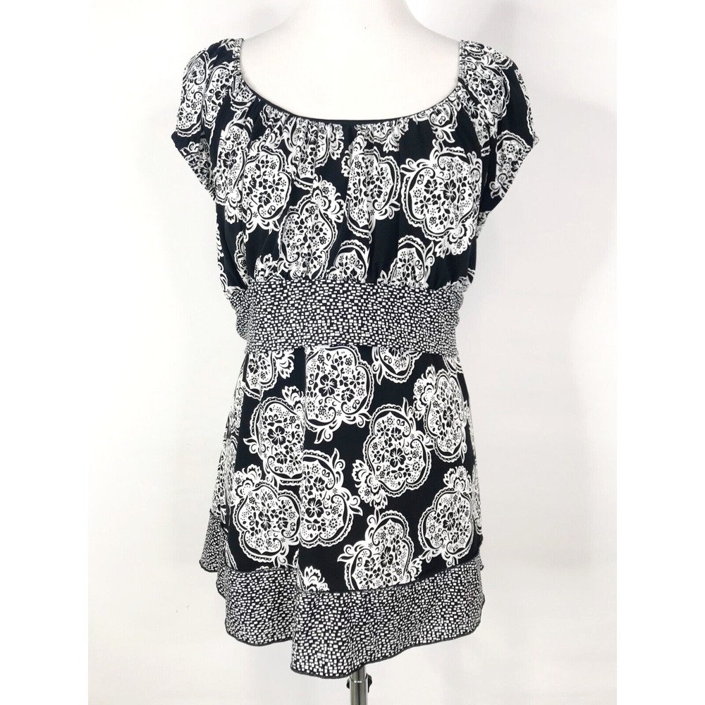 Dress Barn Top Womens 2X Black White Floral Belted Tie Stretch Boho Peasant USA